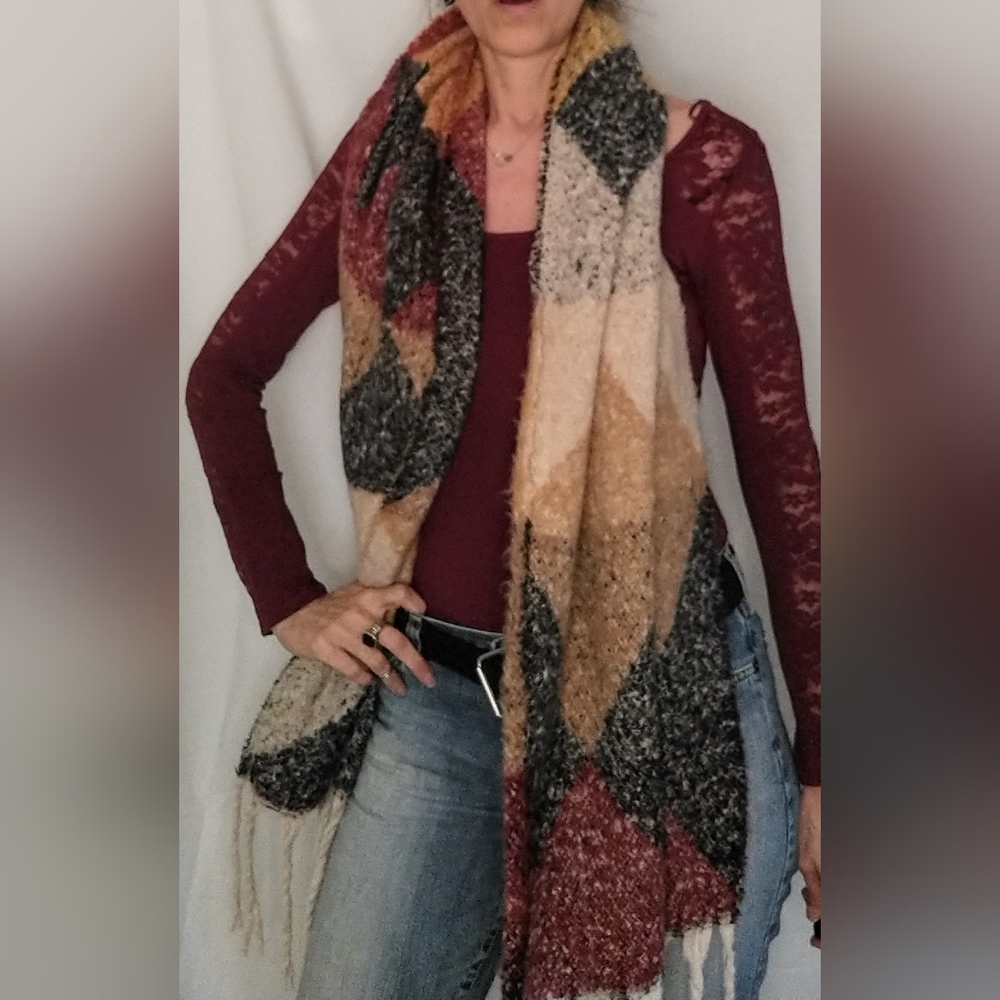 Chunky Burgundy/Black/Cream/Tan plaid print Scarf